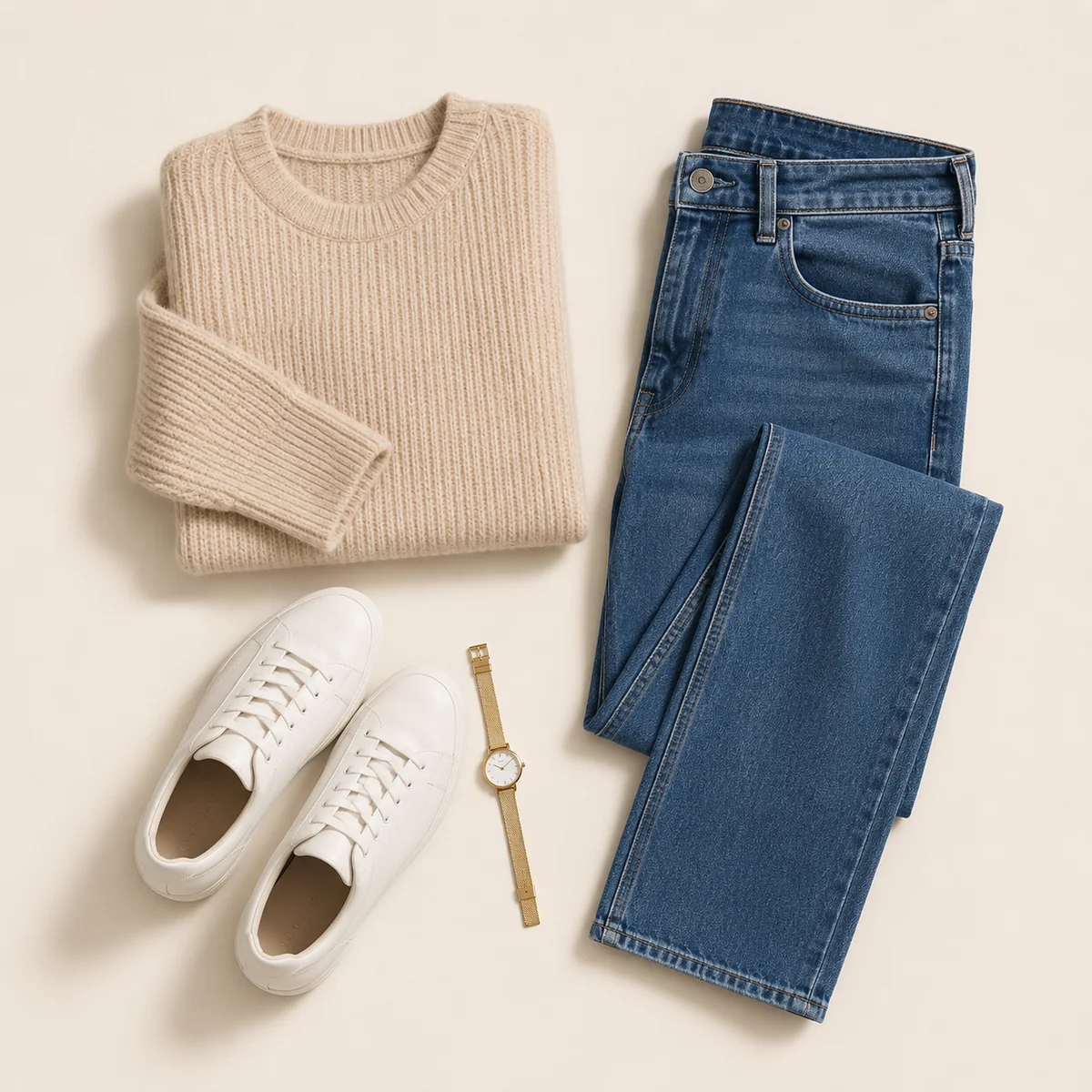 Flat lay of a complete outfit — knit sweater, jeans, sneakers, and a watch