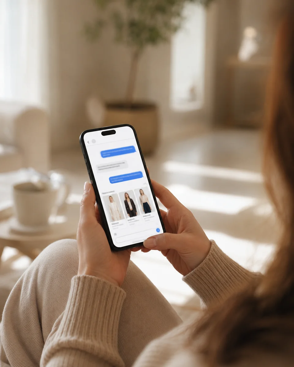 A shopper chatting with the Reta AI shopping assistant on her phone